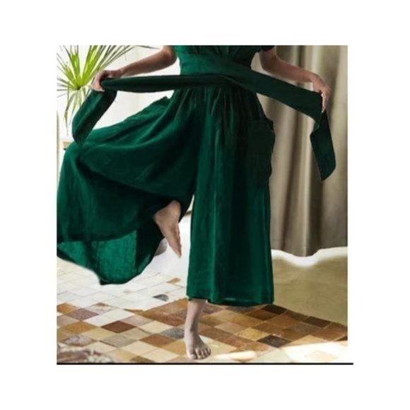 Linen Casual Wide Leg Relaxed Collar V Neck Short Sleeve Jumpsuit Zip M Green - Picture 6 of 12